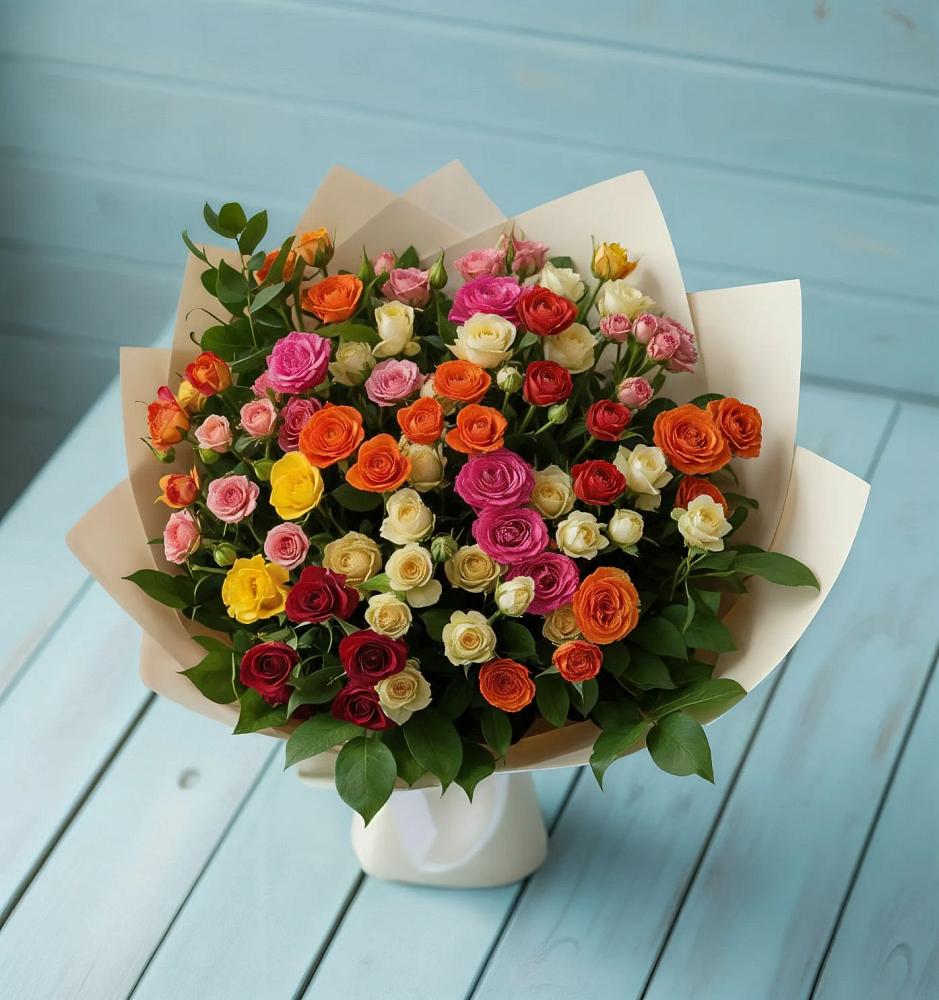 Букет Микс из разноцветных кустовых роз в Новой Адыгее