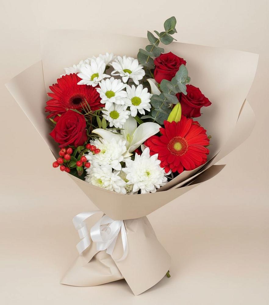 Букет цветов из: Розы, Хризантемы, Герберы и Лилии в Новой Адыгее